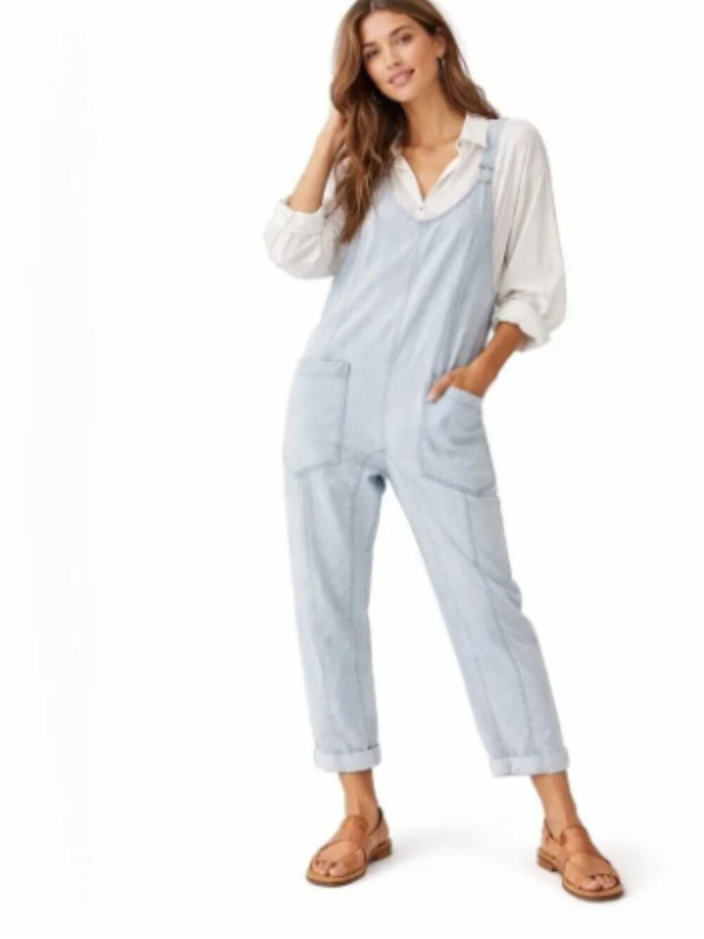 Free People We the Free High Roller Denim Jumpsuit Barrel Leg Light Wash Denim